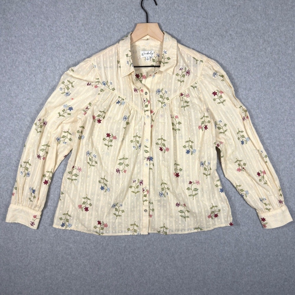 Wonderly Womens Small Ivory Floral Swiss Dot Cotton Button Down Blouse Top